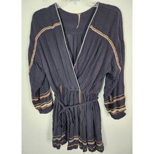 Free People Women's Sz. S Navy Boho Long Sleeve Tie Waist Mini Dress